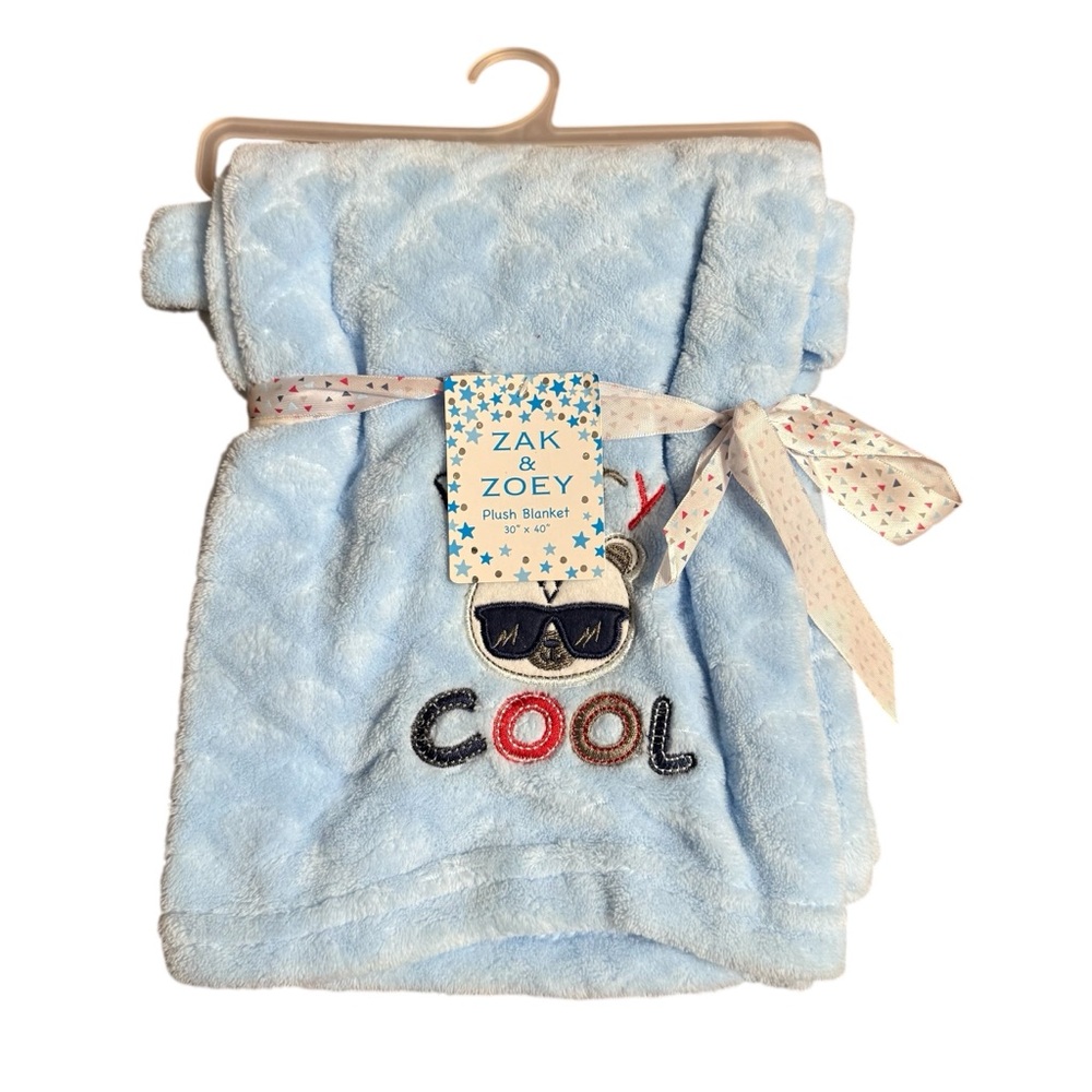 Zak & Zoey Baby Boy Plush Blanket Polar Bear Cool Embroidered Blue 30" x 40" NWT